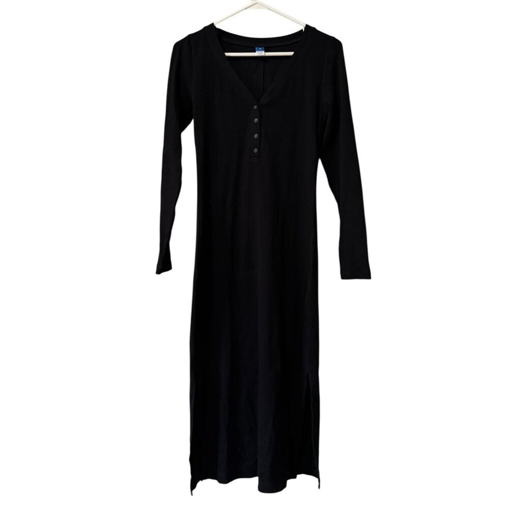 Old‎ Navy Rib-Knit Henley Black Jack Women Size Medium V Neck Buttons Stretch
